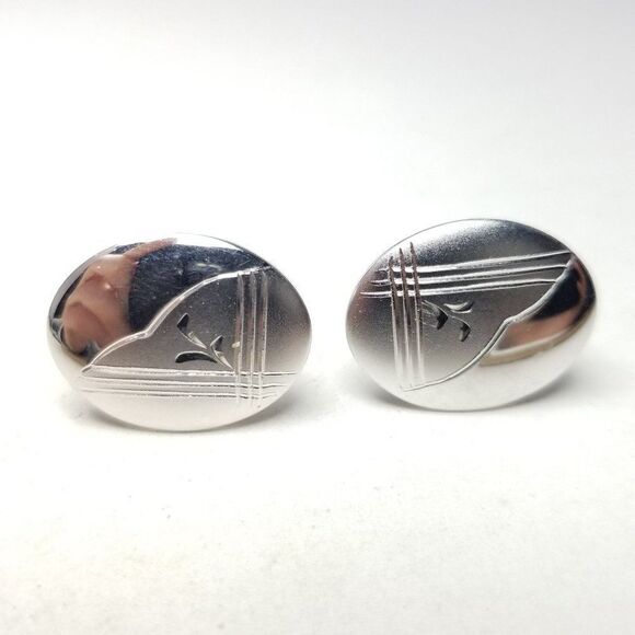 Vintage Sterling Silver Oval Cufflink, Etched Minimal Tbar Style, Formal Dress - Picture 7 of 7